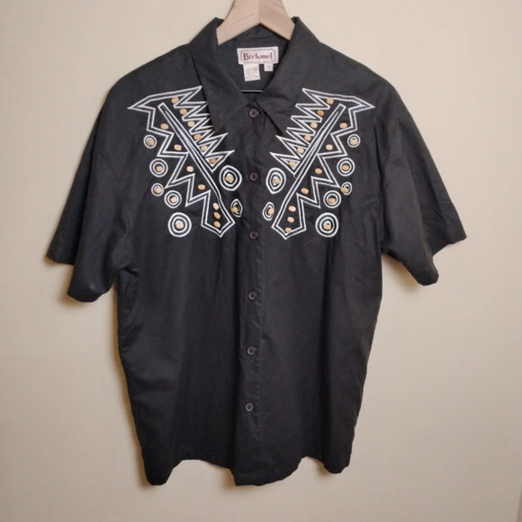 Vintage Tops - Bechamel 90s Vintage Wooden Beaded Boho Button Down Shirt, 12